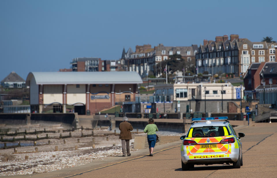 Police patrol the promenade at Hunstanton beach in Norfolk, as the UK continues in lockdown to help curb the spread of the coronavirus.