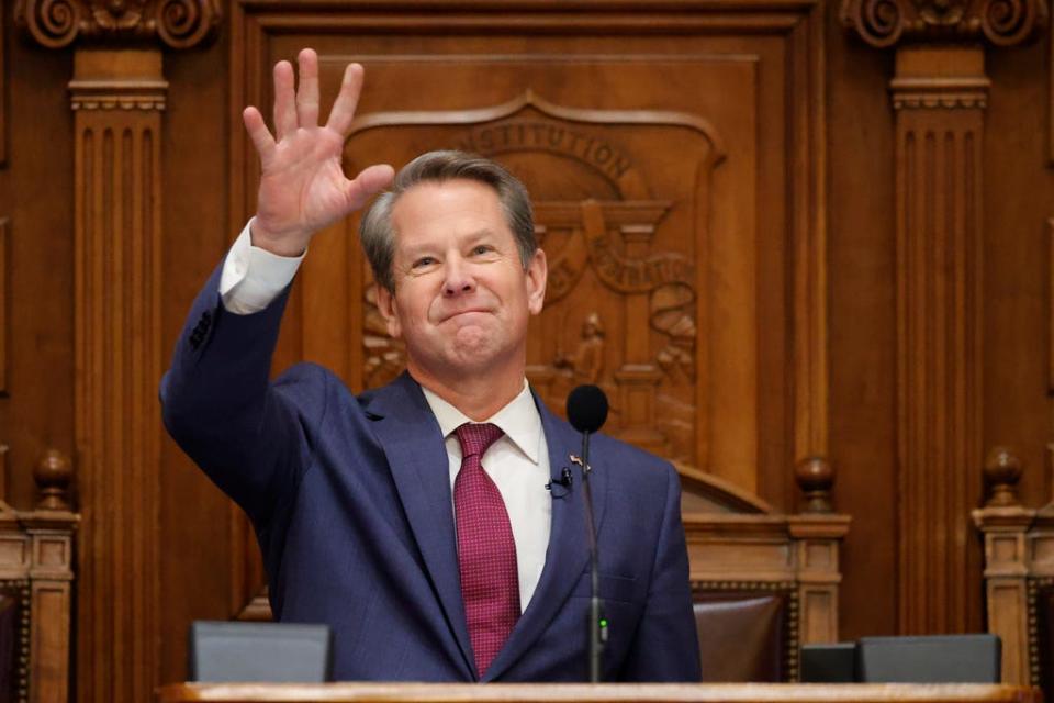FILE - Georgia Gov. Brian Kemp delivers the State of the State address on the House floor of the state Capitol, Jan. 25, 2023, in Atlanta. On Wednesday, June 14, 2023, Kemp praised Georgia's recent bond ratings from each of the three main credit rating agencies.