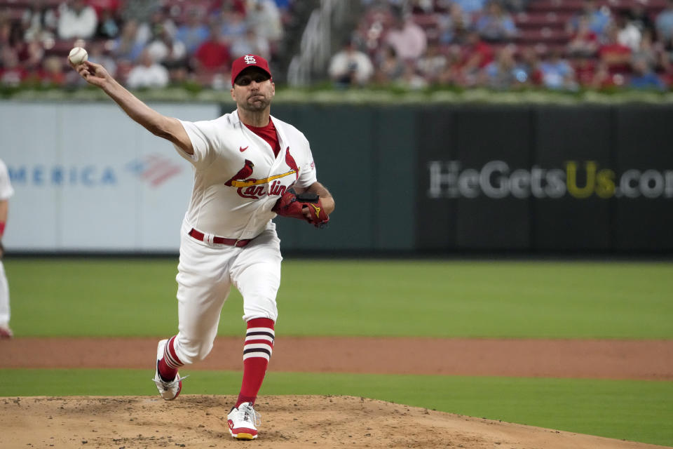 St. Louis Cardinals starting pitcher Adam Wainwright throws during the second inning of a baseball game against the Milwaukee Brewers Monday, Sept. 18, 2023, in St. Louis. (AP Photo/Jeff Roberson)