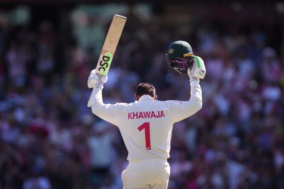 Usman Khawaja celebrates his second century at the SCG.