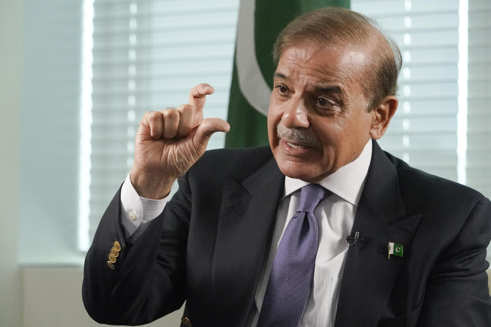 Prime Minister of Pakistan Shehbaz Sharif speaks during an interview with The Associated Press, Thursday, Sept. 22, 2022 at United Nations headquarters. Sharif said he came to the United Nations to tell the world that his country is the victim of unprecedented climate change-induced flooding that has submerged one-third of its territory and left 33 million people scrambling to survive, and to warn that “tomorrow this tragedy can fall on some other country.” (AP Photo/Mary Altaffer)