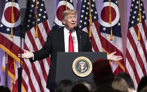 Donald Trump speaks during an Ohio Republican Party State Dinner in Columbus, Ohio - Credit: Maddie McGarvey/Bloomberg