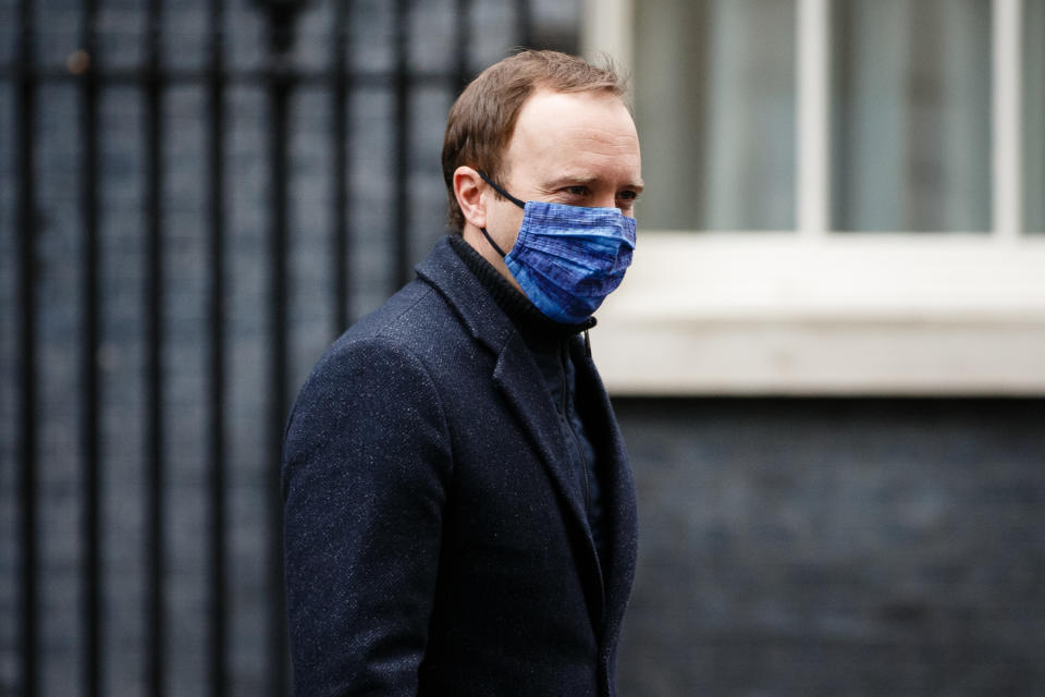 Secretary of State for Health and Social Care Matt Hancock, Conservative Party MP for West Suffolk, wears a face mask leaving 10 Downing Street in London, England, on December 9, 2020. (Photo by David Cliff/NurPhoto via Getty Images)