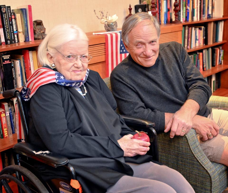 Former Wave and teacher Alice Melaven, who is 101, sits with one of her students from 60 years ago, Steve Kramer of Mashpee, at the Royal Megansett Nursing & Retirement Home in North Falmouth.