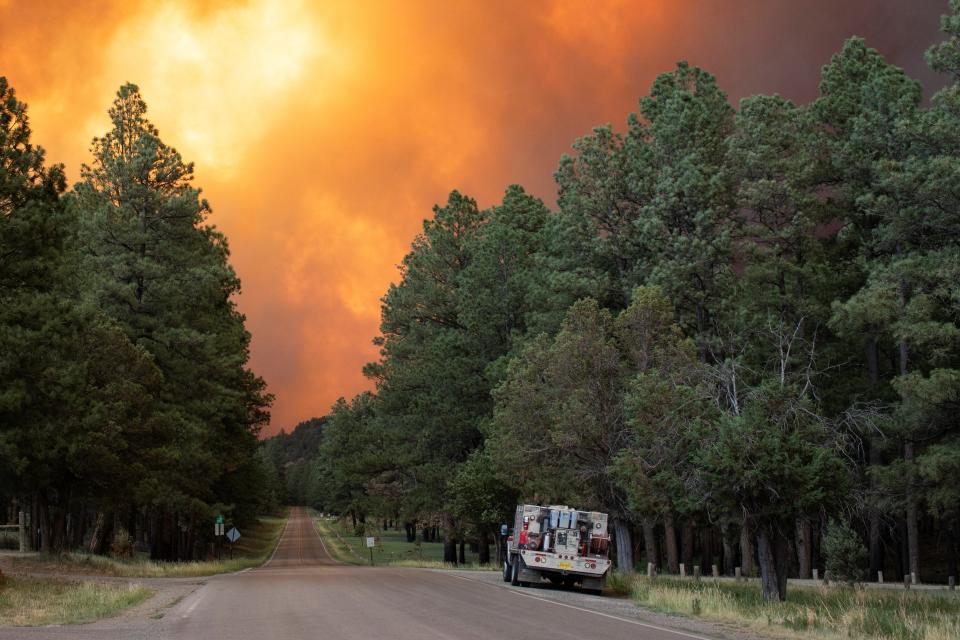 Firefighters wait to deploy to the South Fork Fire as it advances towards Cedar Creek in Ruidoso, New Mexico, U.S. June 17, 2024. REUTERS/Kaylee Greenlee Beal