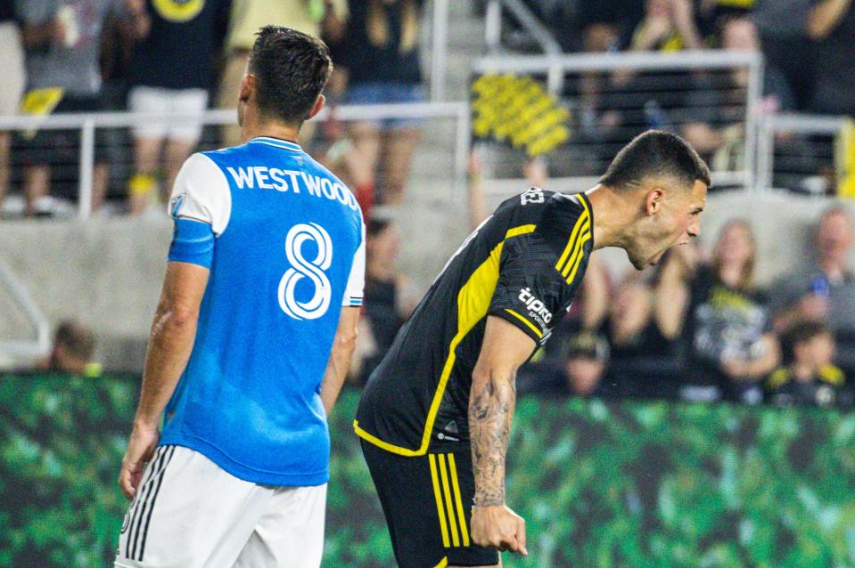 Jun 3, 2023; Columbus, Ohio, USA; Columbus Crew forward Christian Ramirez (17) celebrates his second goal of the match in the second half against the Charlotte FC  at Lower.com Field. Mandatory Credit: Trevor Ruszkowski-USA TODAY Sports