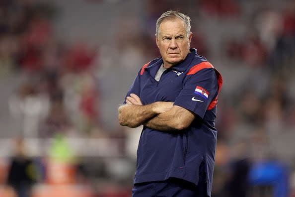 GLENDALE, ARIZONA - DECEMBER 12: Head coach Bill Belichick of the New England Patriots looks on prior to the game against the Arizona Cardinals at State Farm Stadium on December 12, 2022 in Glendale, Arizona. (Photo by Christian Petersen/Getty Images)
