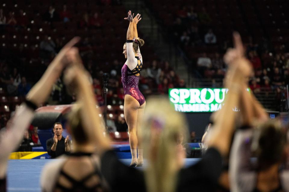 Oklahoma’s Jordan Bowers competes on floor during the Sprouts Farmers Market Collegiate Quads at Maverik Center in West Valley on Saturday, Jan. 13, 2024. #1 Oklahoma, #2 Utah, #5 LSU, and #12 UCLA competed in the meet. Oklahoma took first place. | Megan Nielsen, Deseret News