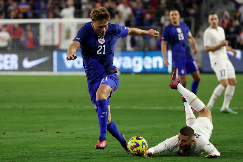 Crew midfielder Aidan Morris plays for Team USA in a January game against Serbia.