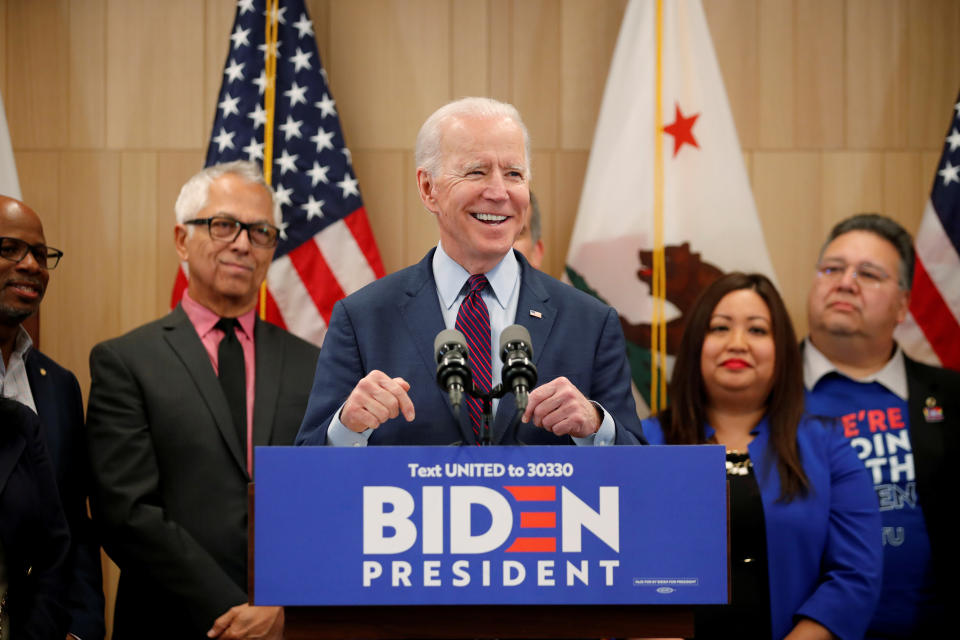 Democratic U.S. presidential candidate and former Vice President Joe Biden speaks during a campaign stop in Los Angeles, California, U.S., March 4, 2020. REUTERS/Mike Blake     TPX IMAGES OF THE DAY
