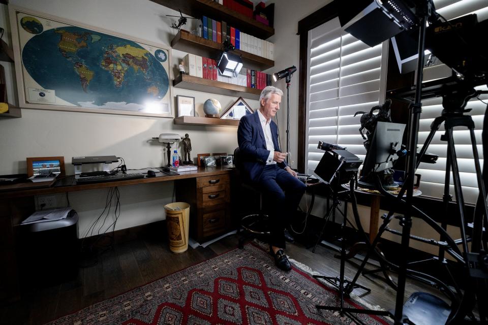 Former national security adviser to President Donald Trump and potential candidate for U.S. Senate Robert C. O’Brien gets ready to do an interview on FOX News with the help of his wife, Lo-Mari O’Brien, in their home studio in the Greater Salt Lake area on Tuesday, July 18, 2023. | Scott G Winterton, Deseret News