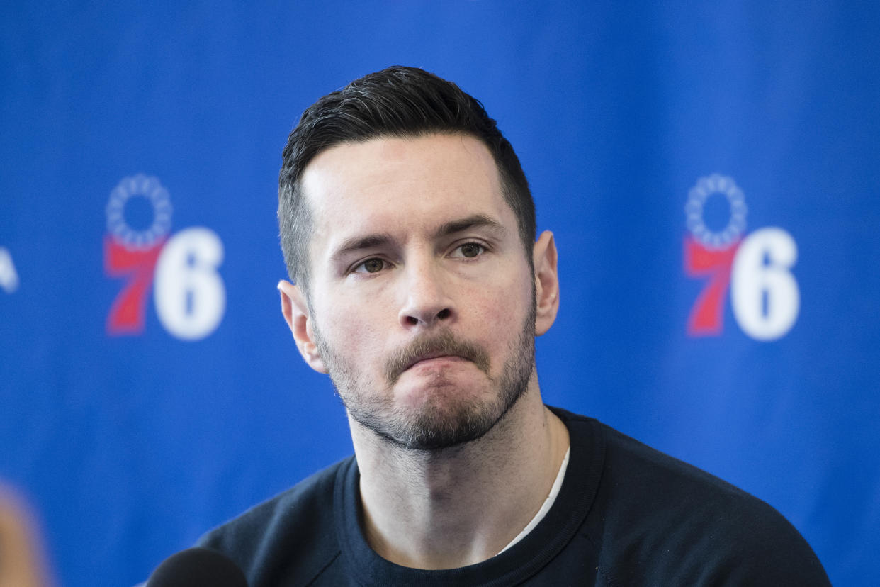 Philadelphia 76ers' JJ Redick speaks with members of the media during a news conference at the NBA basketball team's practice facility in Camden, N.J., Monday, May 13, 2019. (AP Photo/Matt Rourke)