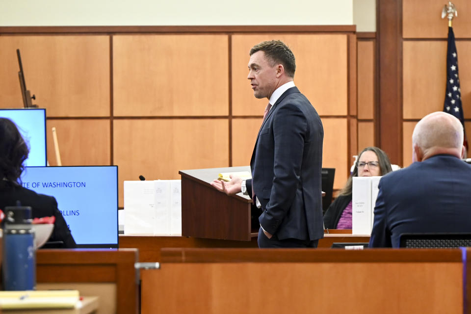 Defense attorney Casey Arbenz gives opening statements on behalf of defendant Matthew Collins during the trial of three Tacoma Police officers in the killing of Manny Ellis at Pierce County Superior Court, Monday, Nov. 13, 2023, in Tacoma, Wash. Tacoma Police Officers Christopher Burbank, Matthew Collins and Timothy Rankine stand trial for charges related to the March 2020 killing of Manny Ellis. (Brian Hayes/The News Tribune via AP, Pool)