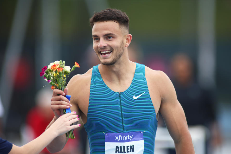 NEW YORK, NEW YORK - JUNE 12: Devon Allen of the USA celebrates after winning the Men's 110m hurdle during the New York Grand Prix at Icahn Stadium on June 12, 2022 in New York City. (Photo by Mike Stobe/Getty Images)