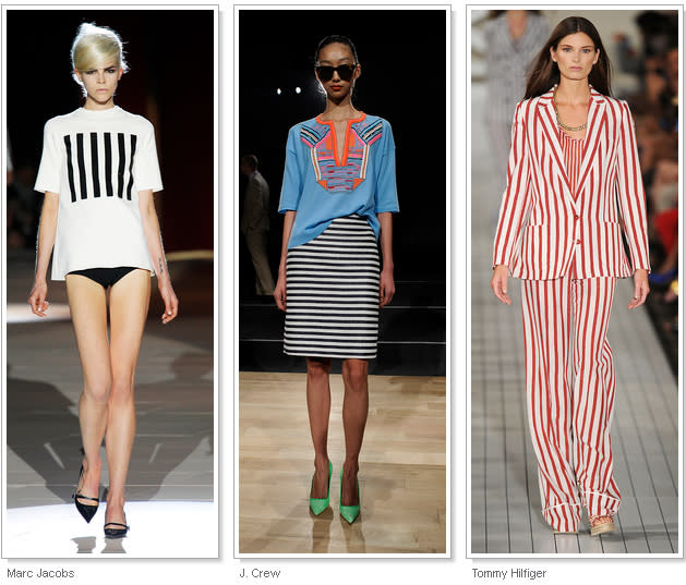 STRIPES, STRIPES, STRIPES Horizontal, vertical, pin-thin 'railroad' or bold bars; all manner of stripes streaked down the runway. In a deconstructivist twist, dresses at Alexander Wang featured 'cutout' stripes, with horizontal bands removed from the main body. Also seen at: Altuzarra, Marc Jacobs, Michael Kors, Oscar de la Renta, Tommy Hilfiger.