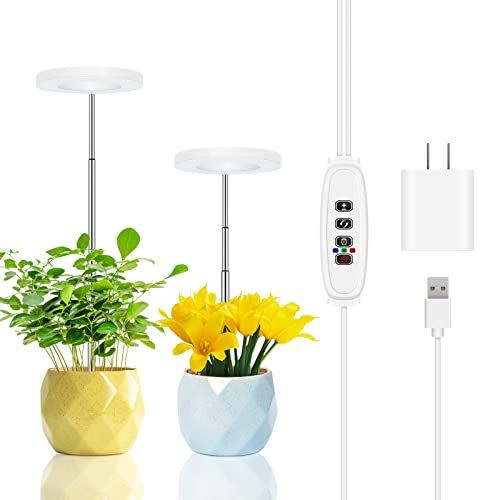 Grow Lights for Indoor Plants, Tsothea LED Plant Grow Light, 3 Colors Halo Plant Light, Height Adjustable Small Plant Lights with Auto On/Off Timer, 10 Dimmable Plant Growing Lamps(Dual Head)