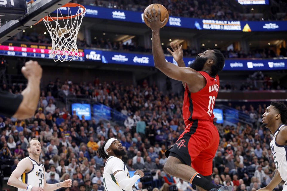 Houston Rockets' James Harden (13) shoots during the first half of the team's NBA basketball game against the Utah Jazz on Saturday, Feb. 22, 2020, in Salt Lake City. (AP Photo/Kim Raff)