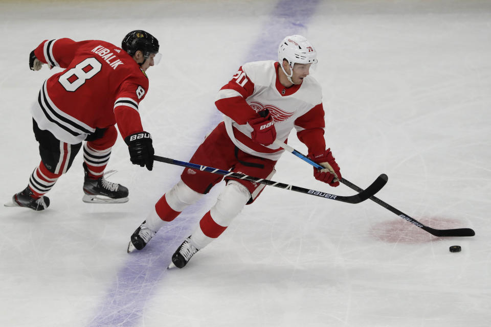 Detroit Red Wings center Christoffer Ehn, right, controls the puck against Chicago Blackhawks left wing Dominik Kubalik during the first period of an NHL hockey game in Chicago, Sunday, Jan. 5, 2020. (AP Photo/Nam Y. Huh)