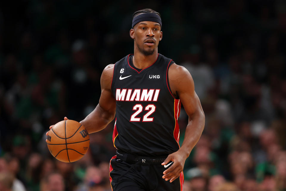 BOSTON, MASSACHUSETTS - MAY 29: Jimmy Butler #22 of the Miami Heat dribbles during the third quarter against the Boston Celtics in game seven of the Eastern Conference Finals at TD Garden on May 29, 2023 in Boston, Massachusetts. NOTE TO USER: User expressly acknowledges and agrees that, by downloading and or using this photograph, User is consenting to the terms and conditions of the Getty Images License Agreement. (Photo by Maddie Meyer/Getty Images)