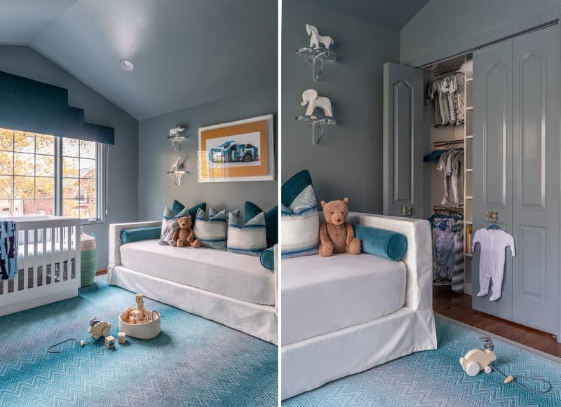 grayish blue nursery with blue gradient area rug