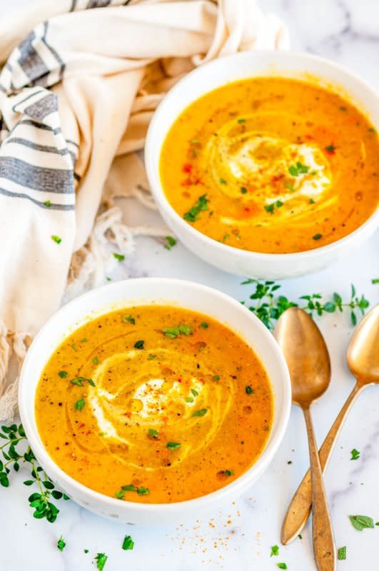 <p>Aberdeen's Kitchen</p><p>Even though it's pretty much all vegetables, a delicious blend of spices, fresh herbs, garlic, and zesty lemon juice along with a tasty veggie broth lends tons of flavor to this summer squash vegetable soup.</p><p><strong>Get the recipe here: <a href="https://www.aberdeenskitchen.com/2020/07/summer-squash-vegetable-soup/" rel="nofollow noopener" target="_blank" data-ylk="slk:Summer Squash Vegetable Soup;elm:context_link;itc:0;sec:content-canvas" class="link rapid-noclick-resp">Summer Squash Vegetable Soup</a></strong></p>