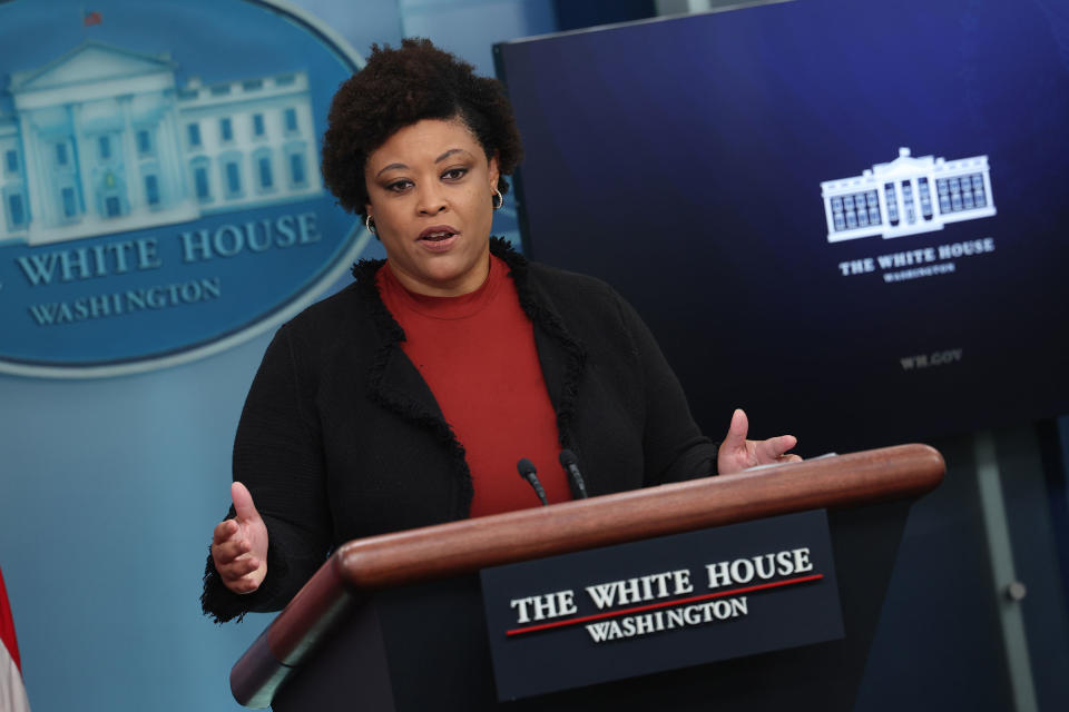 Director of the U.S. Office of Management and Budget Shalanda Young speaks about the government shutdown at the White House on Sep. 29, 2023 in Washington, DC. Young spoke on the government shutdown and outlined the effects on the U.S. economy. <span class="copyright">Kevin Dietsch—Getty Images</span>