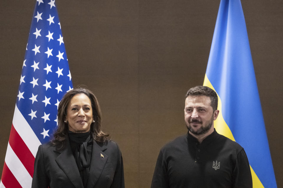 US Vice President Kamala Harris, left, poses for photographers with Ukraine's President Volodymyr Zelenskyy during the Summit on peace in Ukraine, in Stansstad near Lucerne, Switzerland, Saturday, June 15, 2024. (Alessandro della Valle/Keystone via AP)