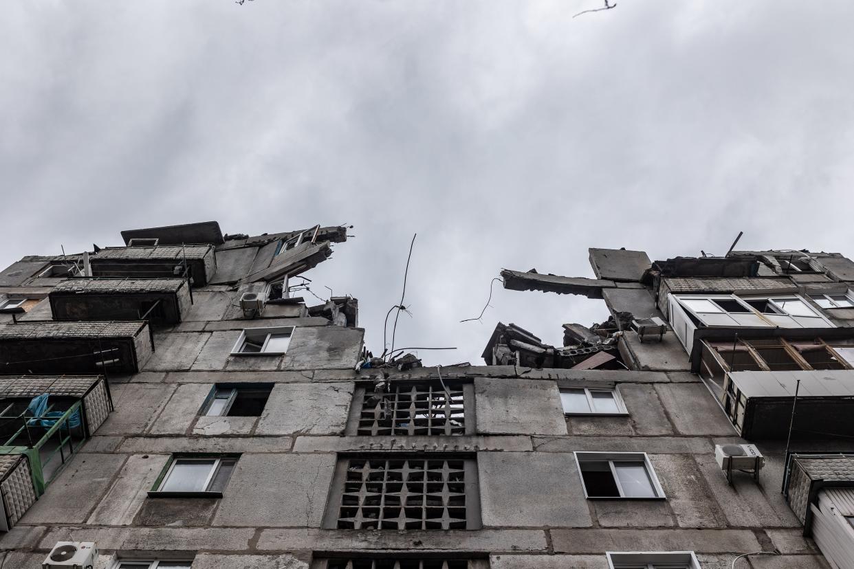 view of damaged building as Russia-Ukraine war continues in Donetsk Oblast, Ukraine on November 26, 2023 (Anadolu via Getty Images)