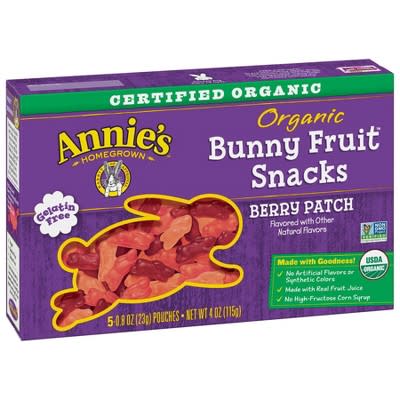 <p><a href="https://go.redirectingat.com?id=74968X1596630&url=https%3A%2F%2Fwww.target.com%2Fp%2Fannie-s-homegrown-organic-bunny-berry-patch-fruit-snacks-5-ct%2F-%2FA-12936118&sref=https%3A%2F%2Fwww.delish.com%2Fcooking%2Fg4464%2Fgluten-free-snacks%2F" rel="nofollow noopener" target="_blank" data-ylk="slk:Shop Now;elm:context_link;itc:0;sec:content-canvas" class="link ">Shop Now</a></p><p>Annie's Homegrown Organic Bunny Berry Patch Fruit Snacks</p><p>Target</p><p>$3.99</p><span class="copyright">Target</span>