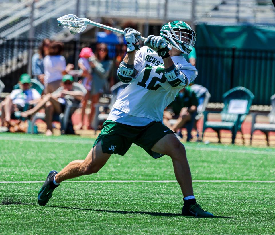 Jacksonville University junior attack Jackson Intrieri takes a shot on goal during a game against Lindenwood earlier this season.