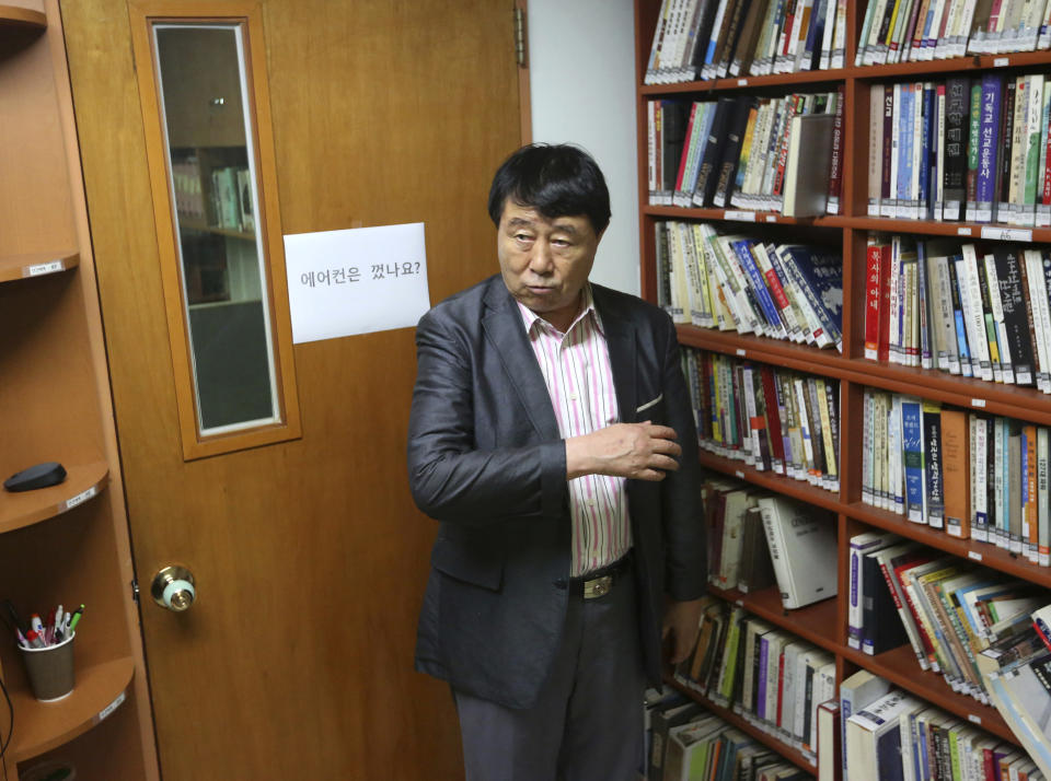 In this Aug. 29, 2018 photo, North Korean defector Sim Ju-il speaks during an interview in Seoul, South Korea. Even two decades after he fled North Korea, even with an abiding hatred of the ruling dictatorship, Sim sometimes still relives the days when he goose-stepped past the nation’s revered founder, Kim Il Sung, as a young man. Goose-stepping soldiers are the most spectacular part of North Korea’s massive military parades. (AP Photo/Ahn Young-joon)