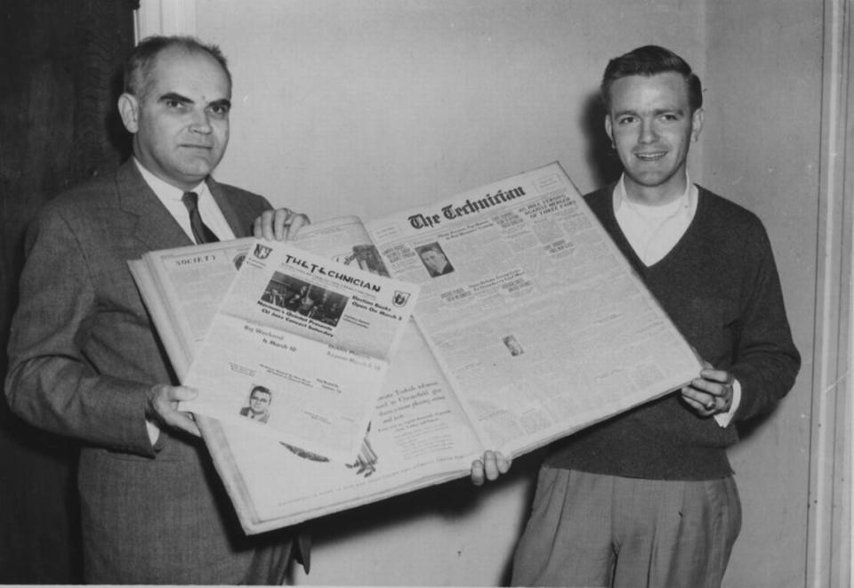 Roy Park, left, holds a copy of the Technician in 1956. Park was editor-in-chief of the Technician while a student at NC State. His Park Foundation awards the Park Scholarship, NC State’s highest academic grant.