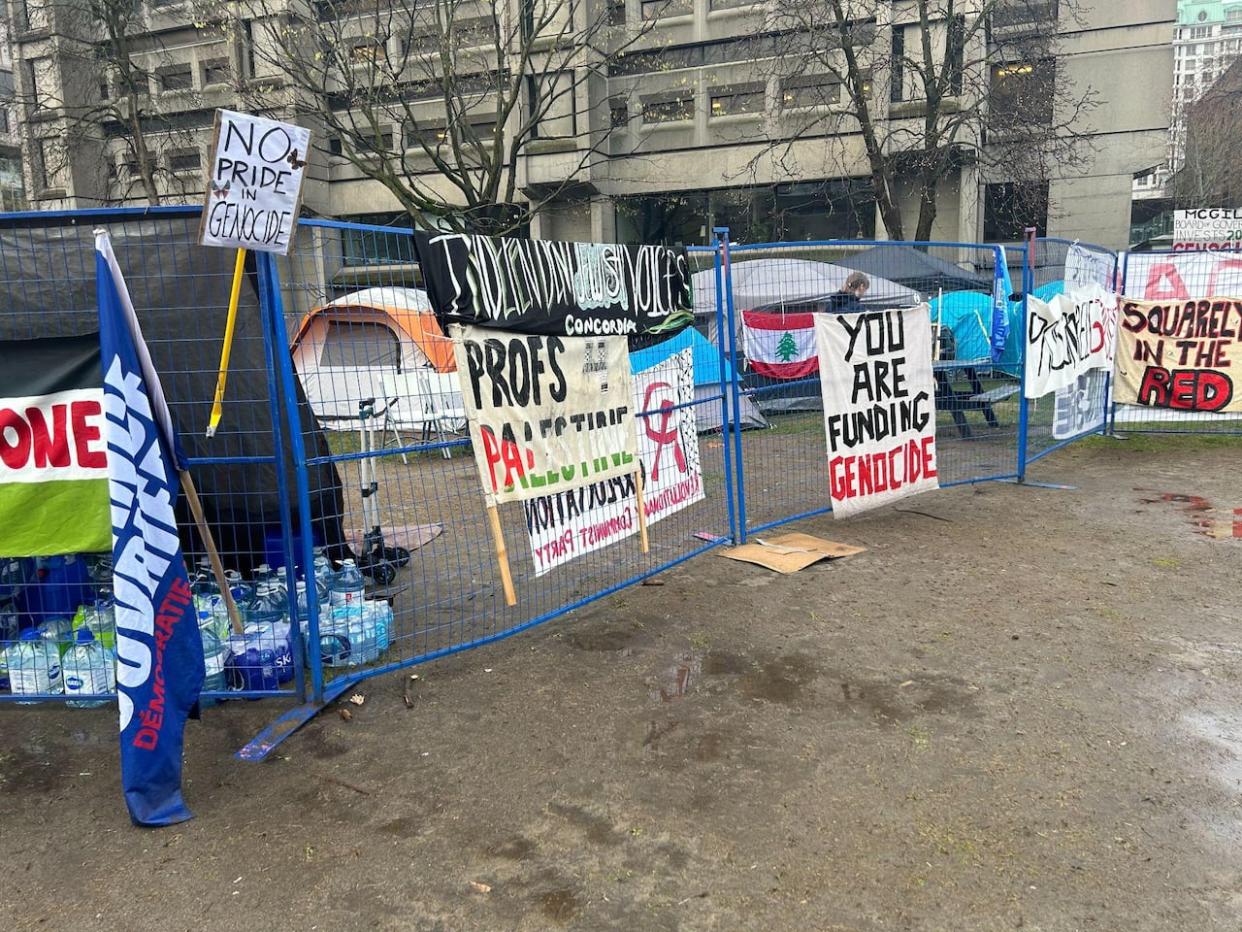 On the second day of the encampment at McGill University in solidarity with the Palestinian cause, student protesters said they would stay as long as possible. (Kwabena Oduro/CBC - image credit)