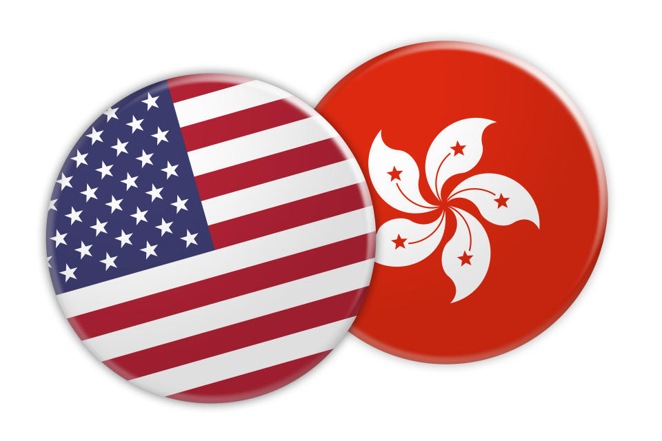 US News Concept: USA Flag Button On Hong Kong Flag Button, 3d illustration on white background