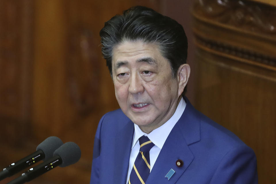 Japanese Prime Minister Shinzo Abe delivers a policy speech in Tokyo, Monday, Jan. 20, 2020. Abe said Monday that Japan will form a space defense unit to protect itself from potential threats as rivals develop missiles and other technology and the new unit will work closely with its American counterpart recently launched by President Donald Trump. (AP Photo/Koji Sasahara)