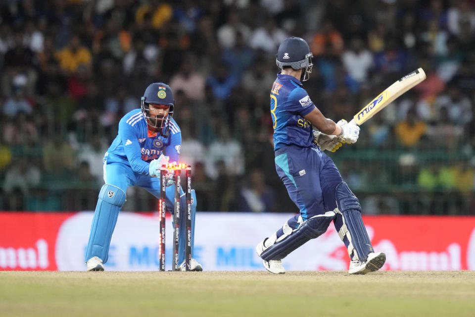 India's wicketkeeper KL Rahul successfully stumps to dismiss Sri Lanka's Sadeera Samarawickrama during the Asia Cup cricket match between Sri Lanka and India in Colombo, Sri Lanka, Tuesday, Sept. 12, 2023. (AP Photo/Eranga Jayawardena)