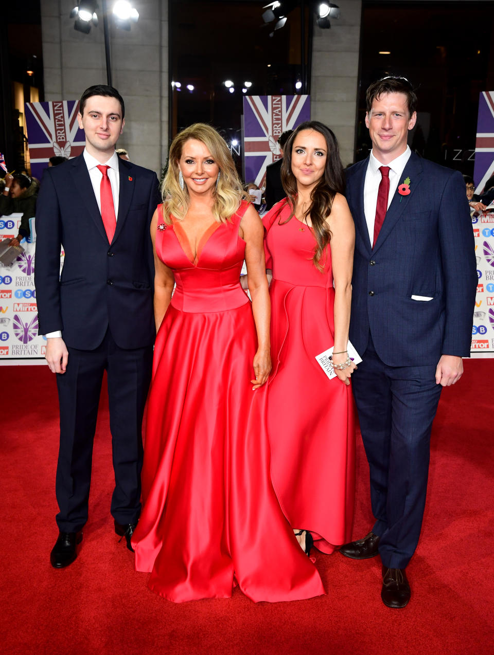 Cameron King, Carol Vorderman, Katie King and guest arriving for the Pride of Britain Awards held at the The Grosvenor House Hotel, London. (Photo by Ian West/PA Images via Getty Images)