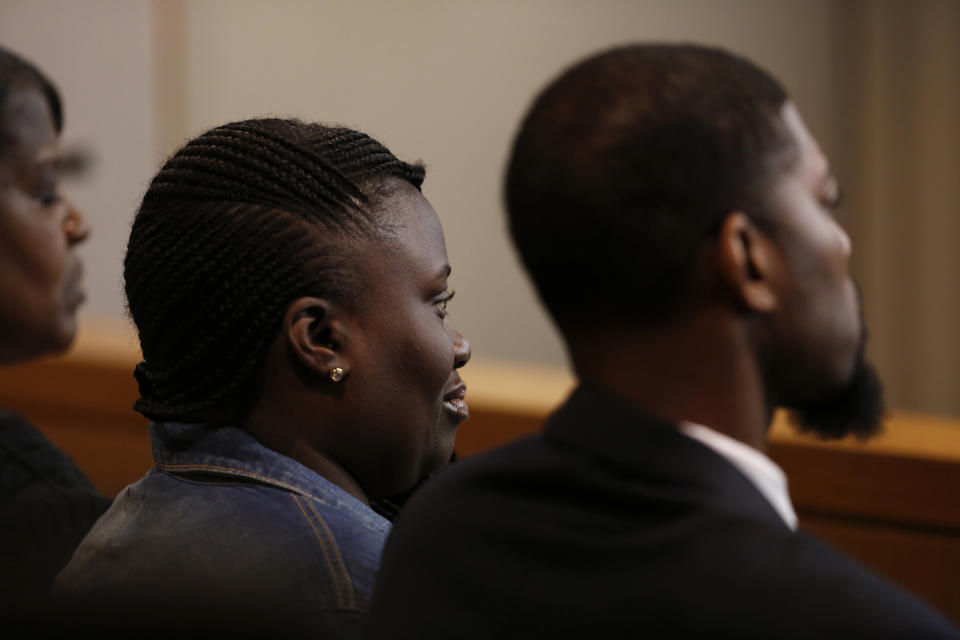 Charmaine Edwards, mother of Jordan Edwards, listens to testimony from fired Balch Springs police officer Roy Oliver, who is charged with the murder of her son 15-year-old Jordan Edwards, during the sixth day of his trial at the Frank Crowley Courts Building in Dallas on Thursday, Aug. 23, 2018. (Rose Baca/The Dallas Morning News via AP, Pool)