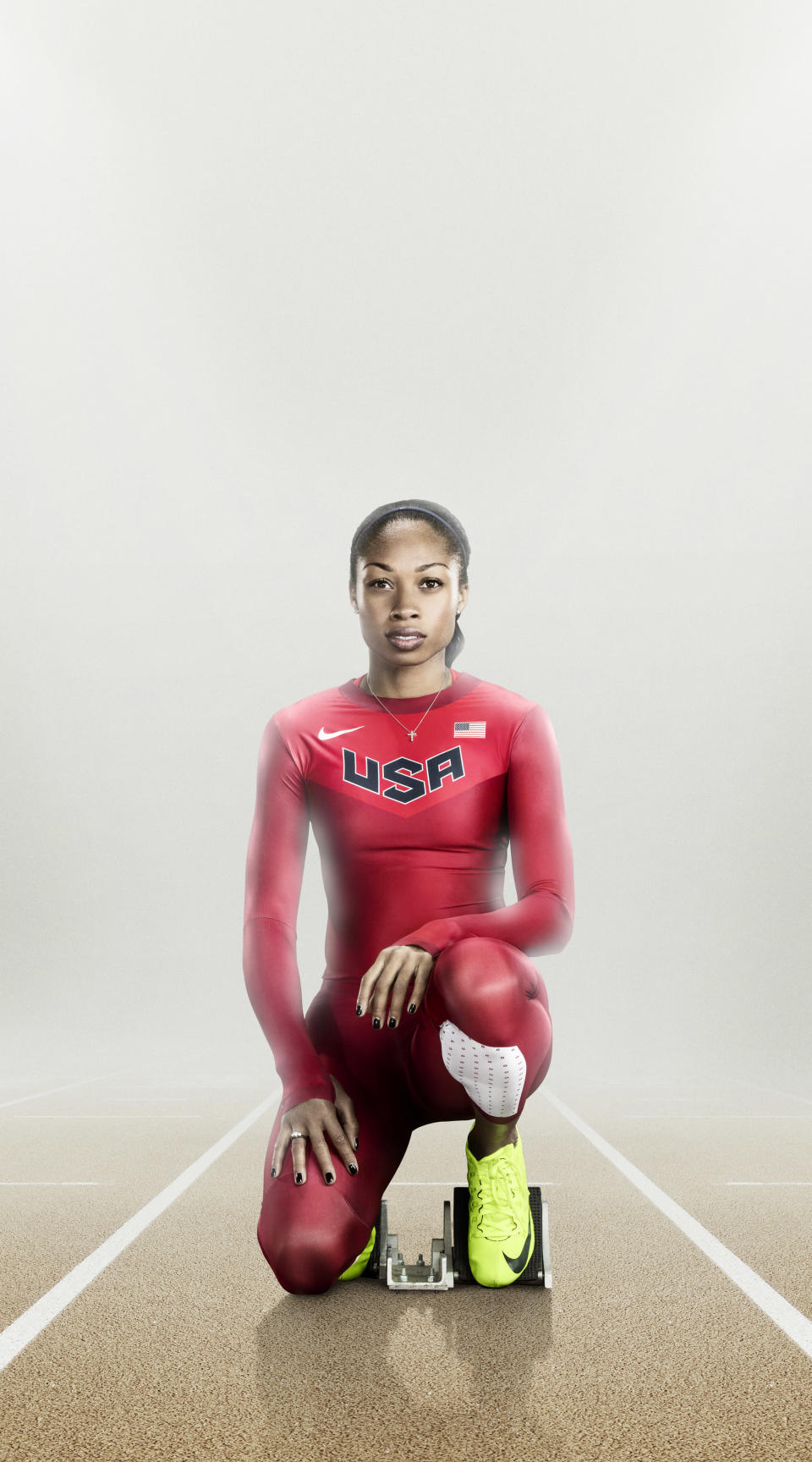 In this handout photo from Nike, <a href="http://sports.yahoo.com/olympics/track-field/allyson-felix-1132858" data-ylk="slk:Allyson Felix;elm:context_link;itc:0;sec:content-canvas" class="link ">Allyson Felix</a> wears the USA Nike Pro TurboSpeed suit, made from recycled plastic bottles. (Photo by Nike via Getty Images)