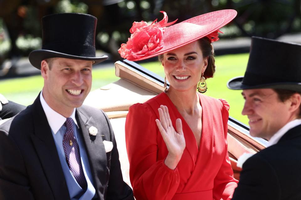 britains prince william, prince of wales l and britains catherine, princess of wales c smile as they arrive in a horse drawn carriage, part of the royal procession on the fourth day of the royal ascot horse racing meeting in ascot, west of london, on june 23, 2023 photo by henry nicholls afp photo by henry nichollsafp via getty images