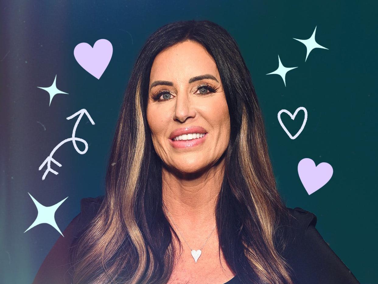 Photo of Patti Stanger with graphics of hearts, sparkles, and arrows around her.