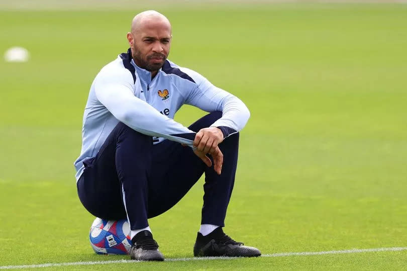 French football Olympics 2024 coach Thierry Henry takes part in a training session at the National football center in Clairefontaine-en-Yvelines, outside Paris, on June 17, 2024, ahead of the upcoming Paris 2024 Olympic games