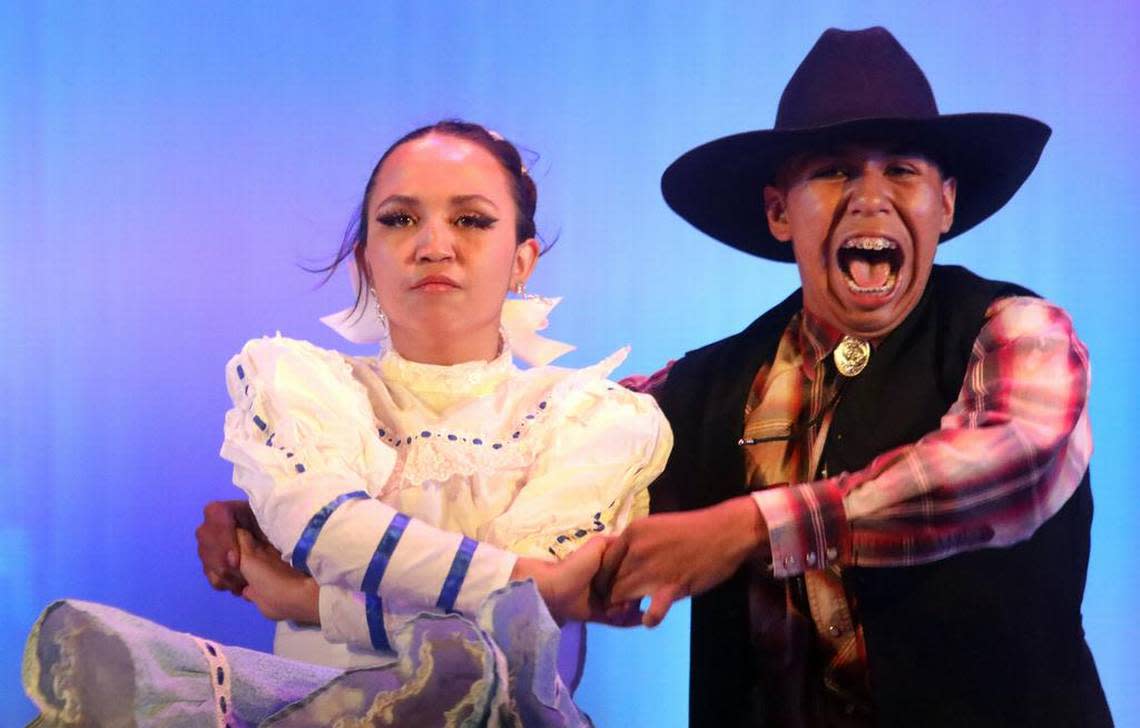 Victoria Espinoza and Alfredo Gordiano perform ‘El Huarachazo’ from Sonora at the Central East Danzantes de Tláloc 25th anniversary show at the Performing Arts Center on May 26, 2023.