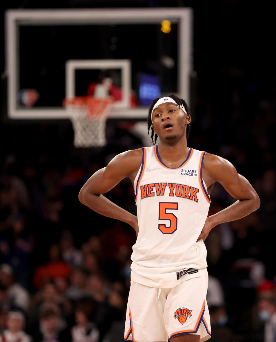 Immanuel Quickley (pictured) reacts late in the game against the Chicago Bulls.