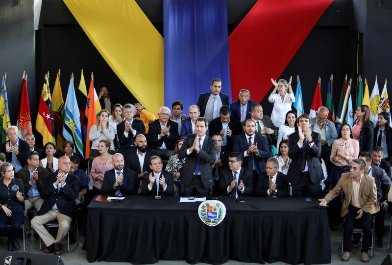 Venezuela's National Assembly President and opposition leader Juan Guaido holds a news conference in Caracas