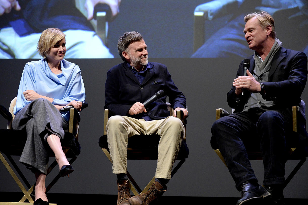 SANTA BARBARA, CA - FEBRUARY 06:  (L-R) Greta Gerwig, Paul Thomas Anderson, and Christopher Nolan appear onstage before receiving the Outstanding Directors Award at The Santa Barbara International Film Festival on February 6, 2018 in Santa Barbara, California.  (Photo by Michael Kovac/Getty Images for Dom Perignon)