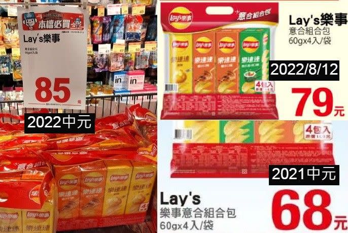 ▲Lay’s樂事組合包中元價格變動頗大。（圖／批踢踢網友提供、翻攝全聯DM）