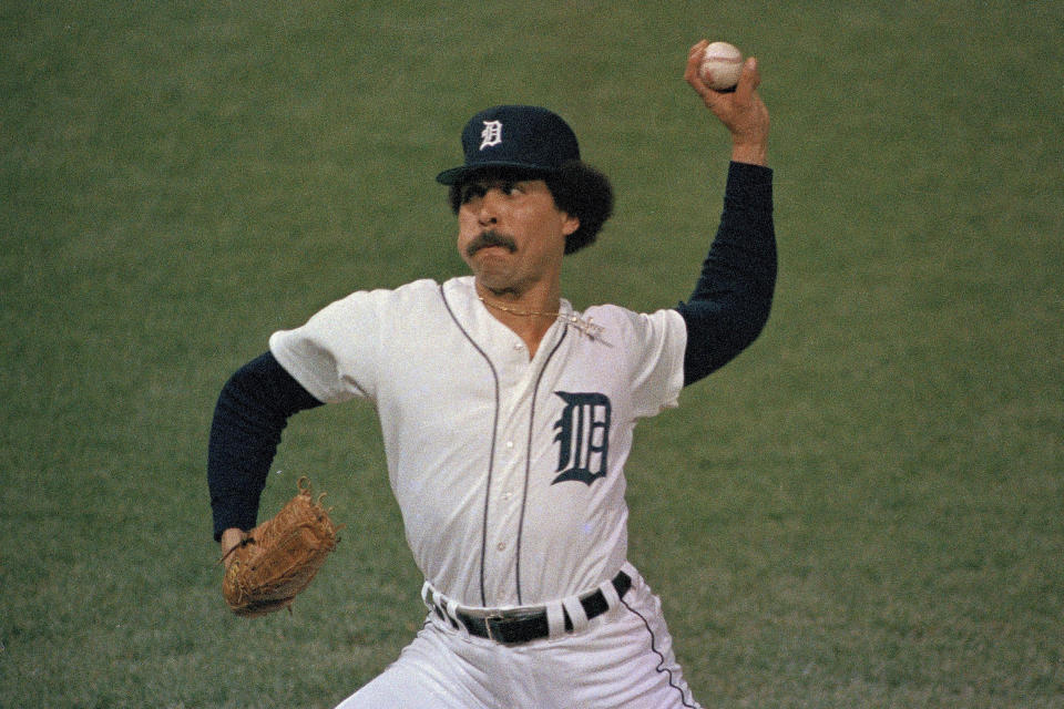 FILE - Detroit Tigers' pitcher Willie Hernandez on the mound during the fifth game of the World Series against the San Diego Padres at Tiger Stadium in Detroit, Oct. 14, 1984. Three-time All-Star relief pitcher Hernández, who won the 1984 Cy Young and Most Valuable Player awards as part of the World Series champion Detroit Tigers, has died. He was 69. (AP Photo, File)