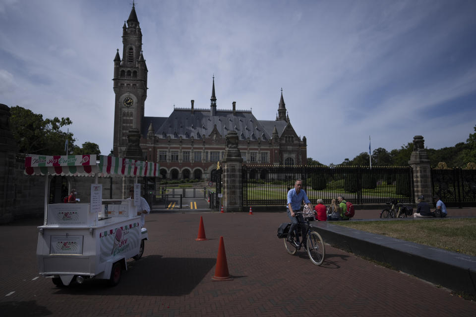 Exterior view of the International Court of Justice in The Hague, Netherlands, Friday, July 22, 2022, where judges rule on whether a case brought by Gambia alleging that Myanmar is committing genocide against the Rohingya can go ahead. Myanmar argues that the court does not have jurisdiction. (AP Photo/Peter Dejong)