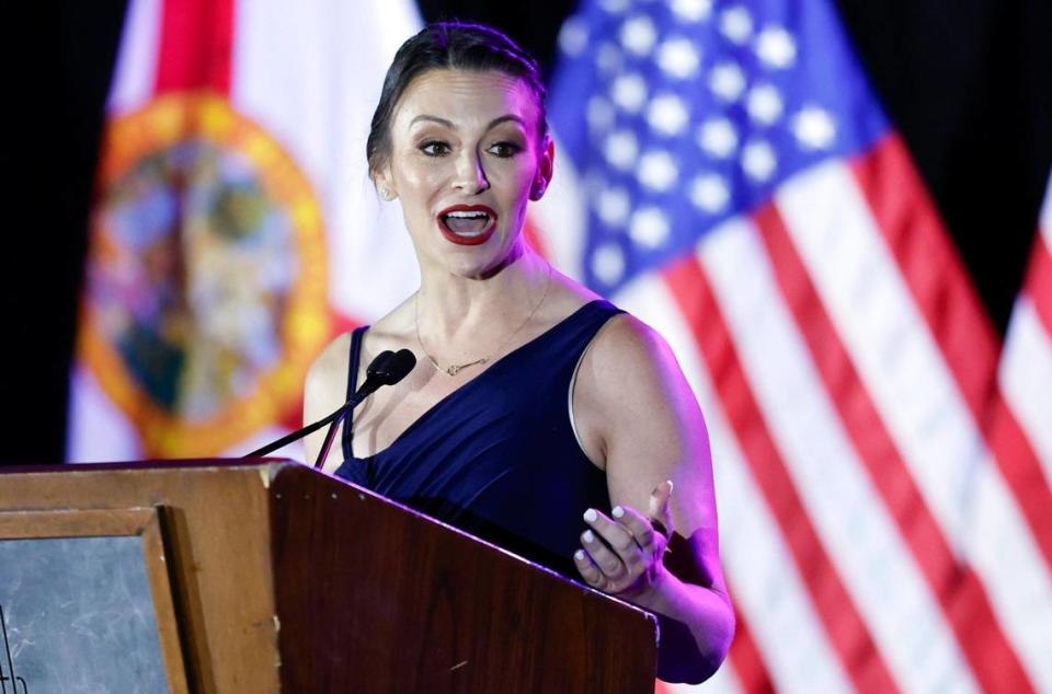 Florida Democratic Party Chair, Nikki Fried speaks during the gala at the party’s annual Leadership Blue Weekend at the Fontainebleau Hotel in Miami Beach, Florida, on Saturday, July 8, 2023.